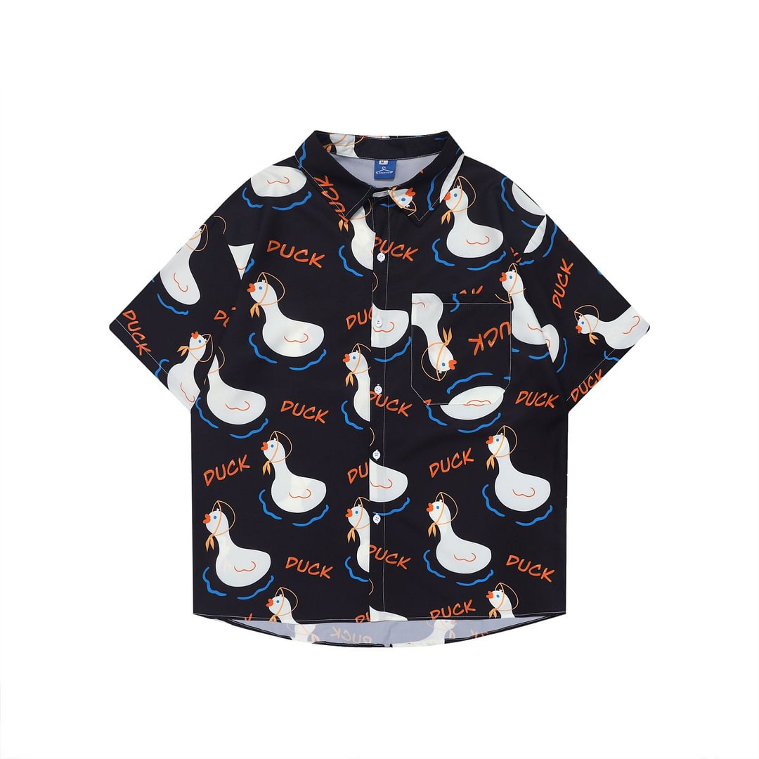 Cartoon Duck Print Lapel Short-sleeve Shirt / Techwear Club / Techwear