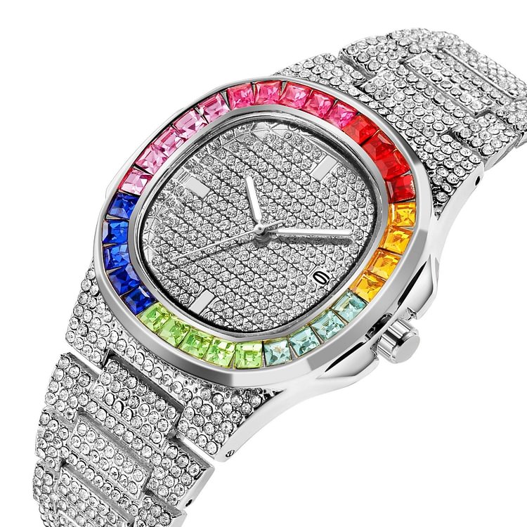 Rainbow Colorful Diamond Iced Out Men Watch