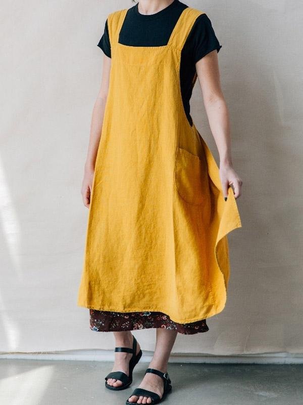 Women's cotton and linen cross pocket apron dress-Mayoulove