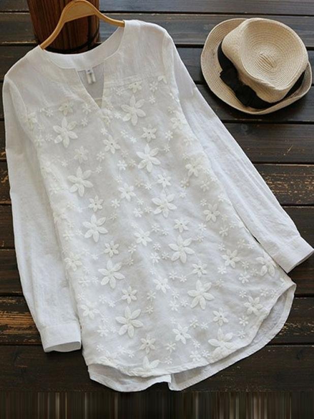 Lace embroidery long-sleeved shirt-Mayoulove