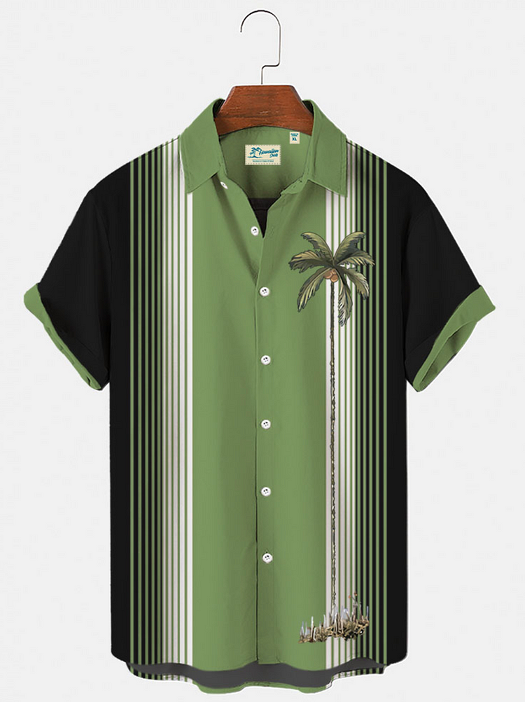 Men 50's Vintage Casual Bowling Shirts Palm Tree Plus Size Tops