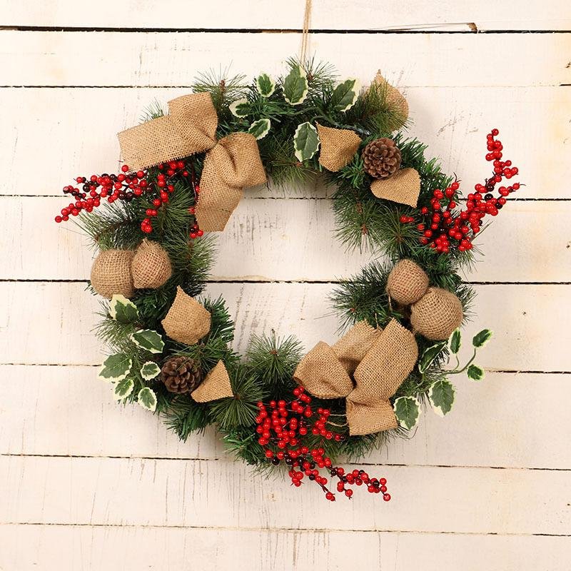 18'' Artificial Wreath With LED Light Pine Cone Christmas Garland For Front Door