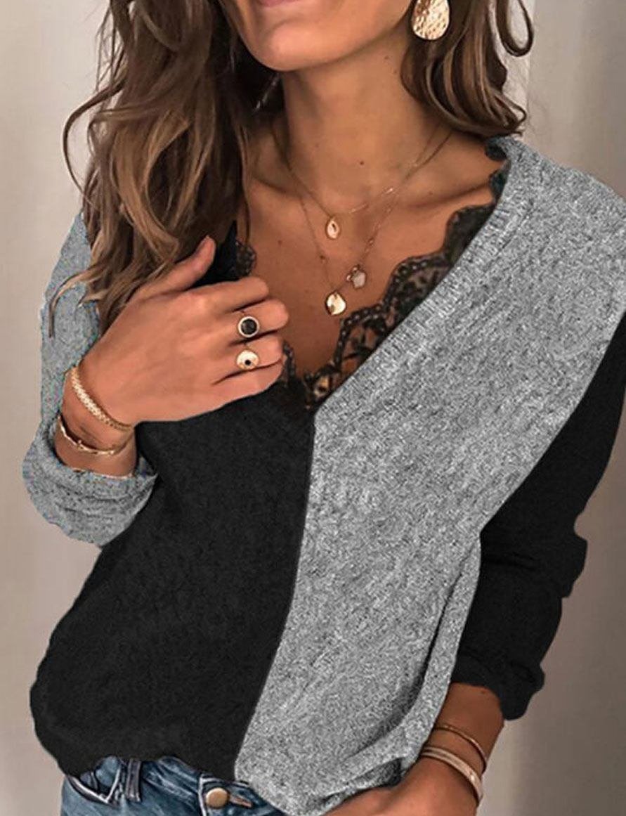V-neck Lace Stitching Casual Sweater Pullover-Corachic