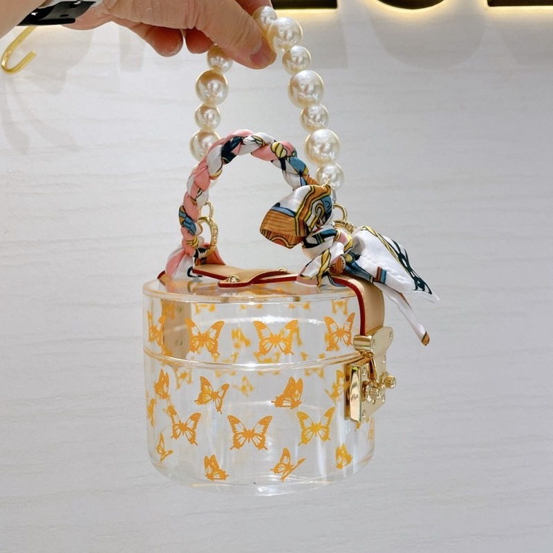 Transparent Acrylic Pearl Lock Print Butterfly Small Portable Bucket Mini Bags-VESSFUL