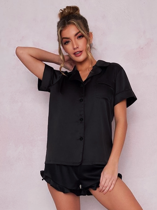 19 Momme Black Notched Collar Short Sleeve Silk Pajamas Set-Real Silk Life