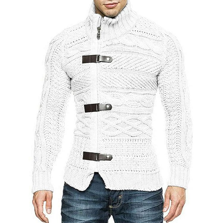 BrosWear Men's Leather Button Long Sleeve Knit Cardigan Sweater