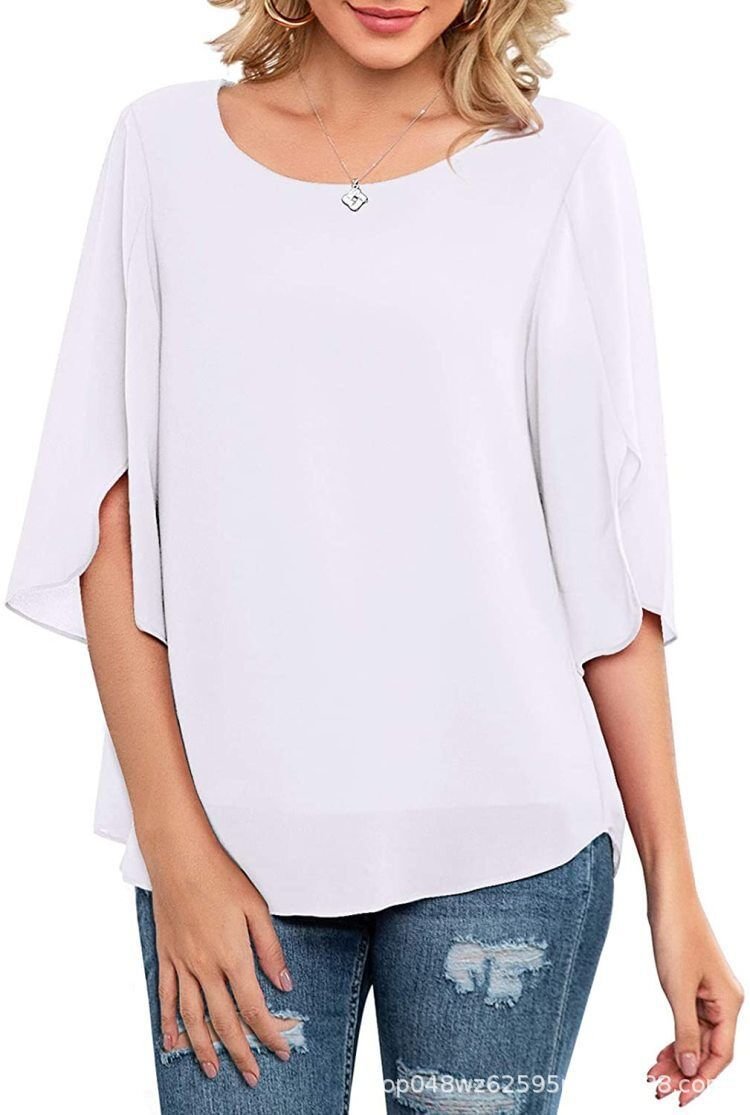 Womens Casual Scoop Neck Loose Top 3/4 Sleeve Chiffon Blouse Shirt Tops