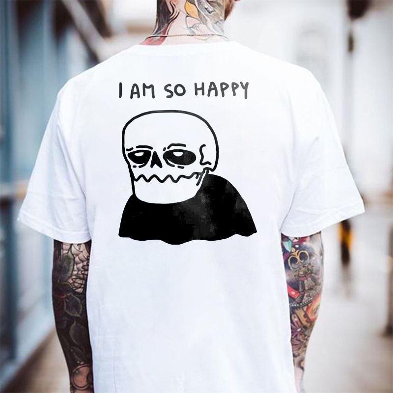 I Am So Happy Skull Print Men's Casual White T-shirt - Krazyskull