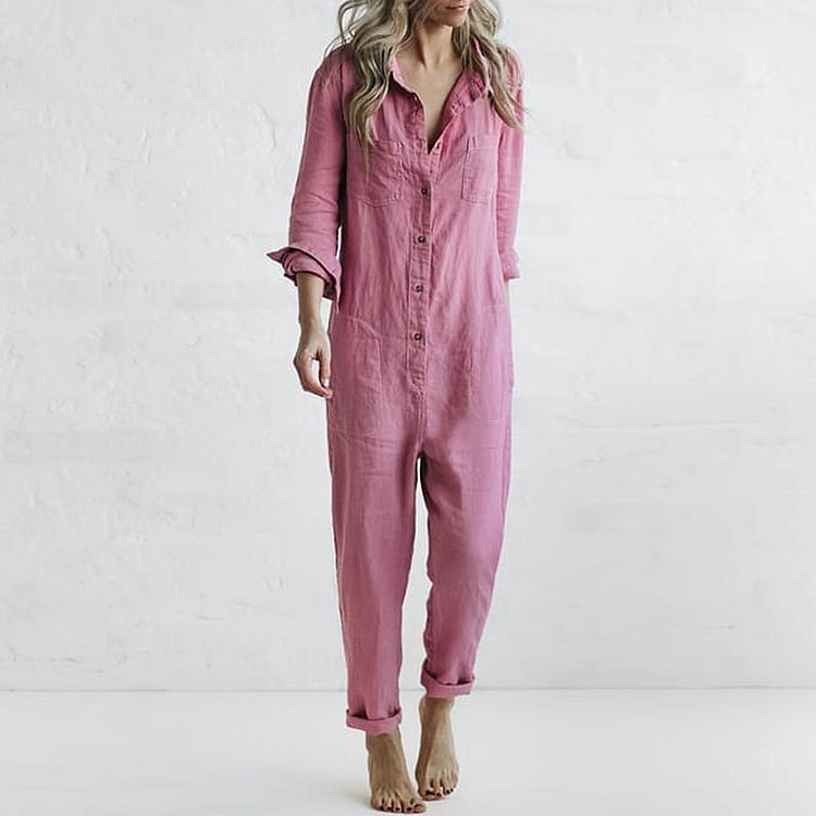 Casual lapel pocket long sleeve solid color cotton and linen jumpsuit-Mayoulove