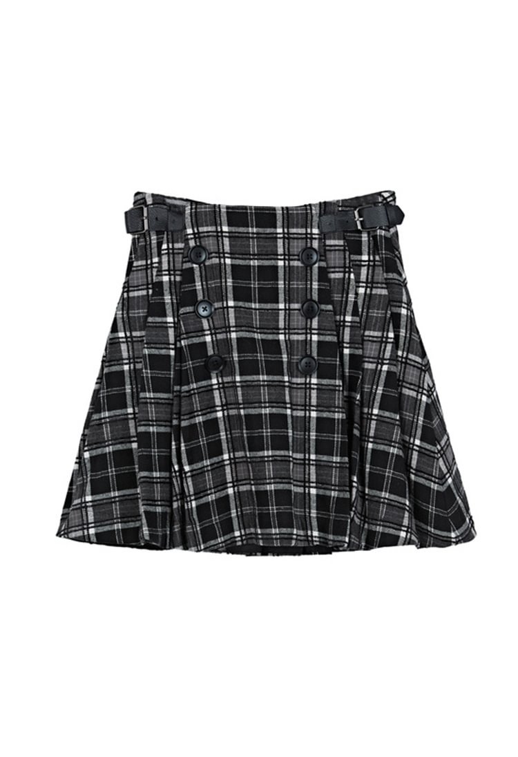 SDEER Retro Check Leather Stitching A-line Pleated Skirt