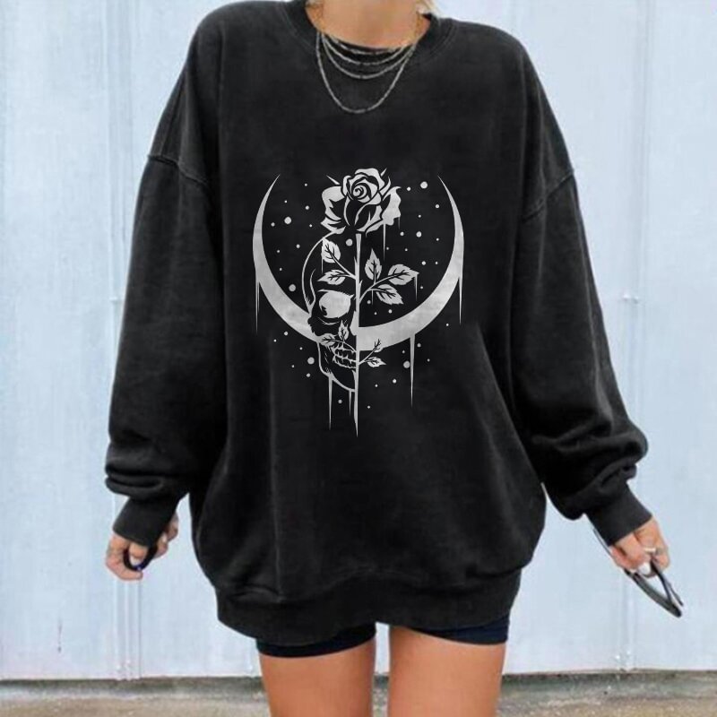 Minnieskull Skull Moon Rose Print Loose Sweatshirt - Minnieskull