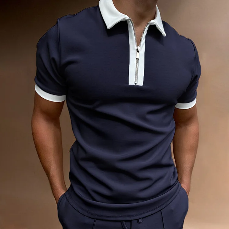 BrosWear Men's Fashion Contrast Color Zipper Collar Polo Shirt Navy Blue	