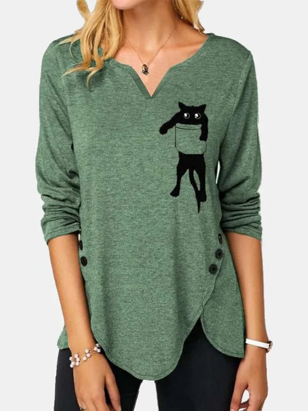 BrosWear Women's Black Cat Printed V-Neck Buttons Deco Long-Sleeve