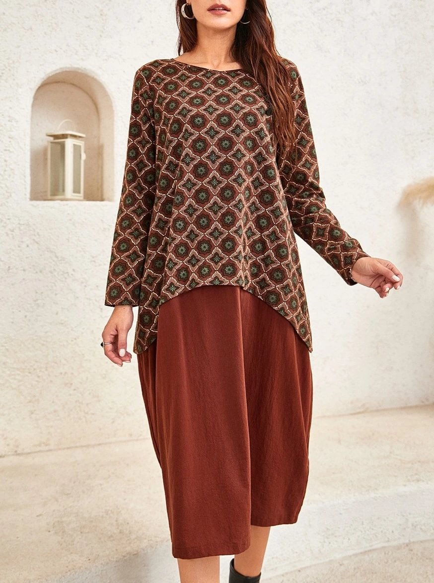 Ladies Ethnic Pattern Stitching Dress-Corachic