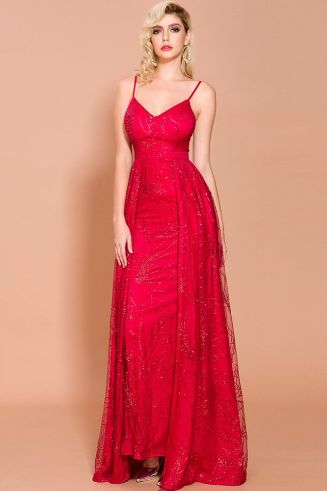 red spaghetti-straps sequins overskirt prom dress