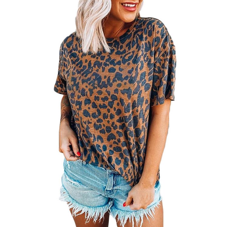 Women's Leopard Print Round Neck Drop Shoulder Short-sleeved T-shirt