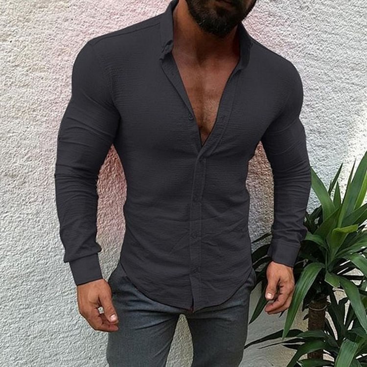 BrosWear Solid Color Slim Fit Lapel Collar Long Sleeve Shirt black