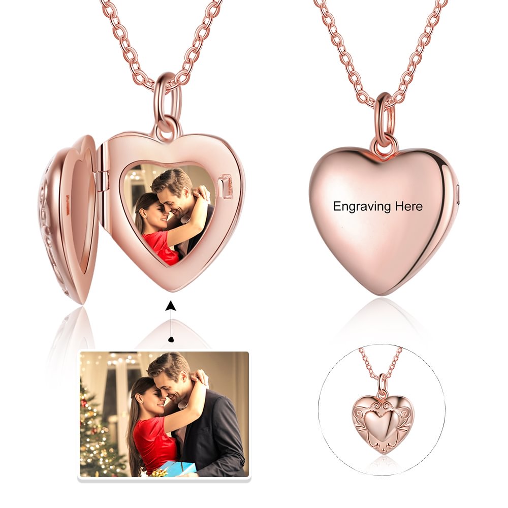 Embossed Heart Picture Locket Necklace With Engraving Platinum Plated, Custom Necklace with Pictures Inside