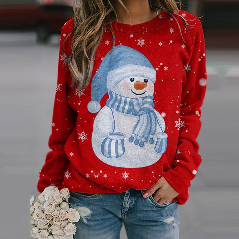 Christmas Cute Snowman Print Women's Loose Long Sleeve Sweatshirt