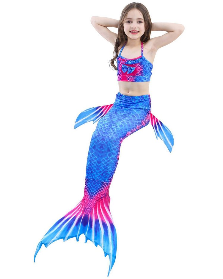 Girls Beauty Blue Mermaid Tail With Fins Top And Bottom Swimsuit-Mayoulove