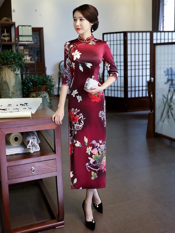 Floral Printed Silk Improved Long Cheongsams