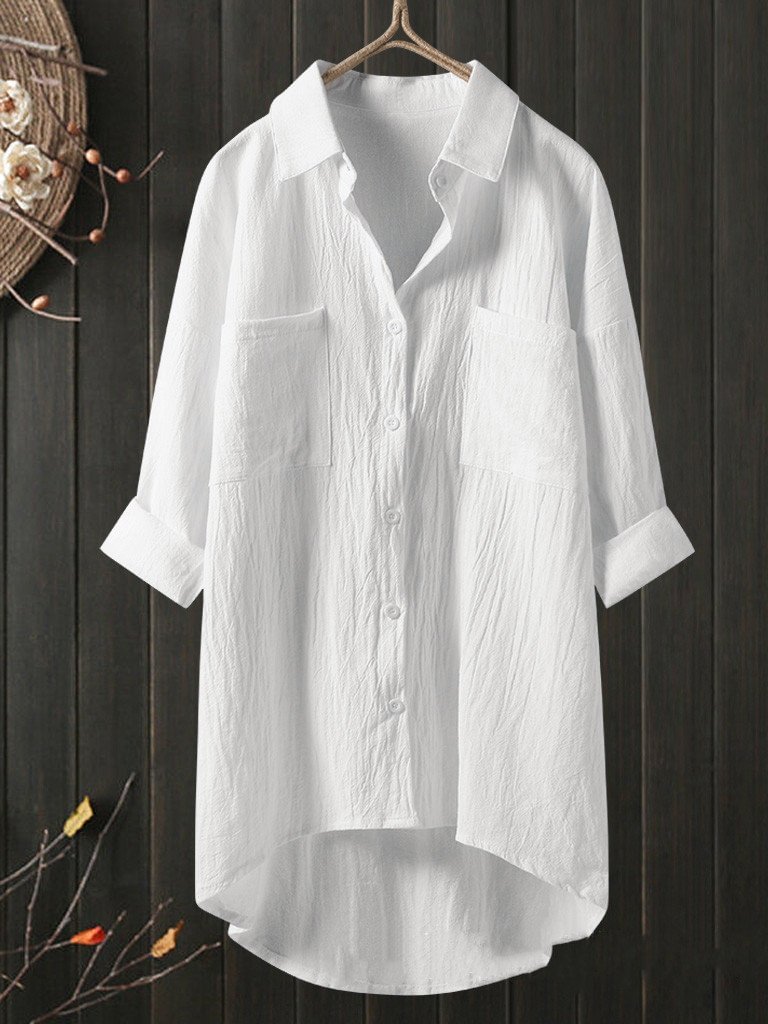 Temperament solid color cotton and linen shirt loose shirt top - vzzhome