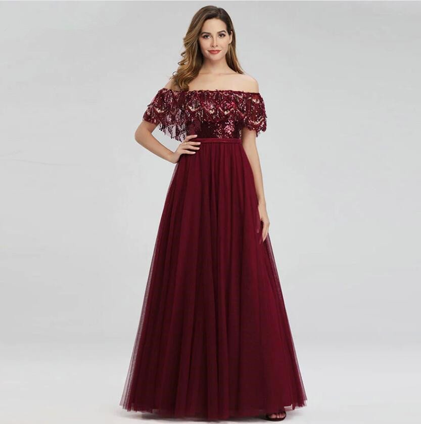 Burgundy Off-the-Shoulder Sequins Prom Dress Long Evening Gowns With Tassels