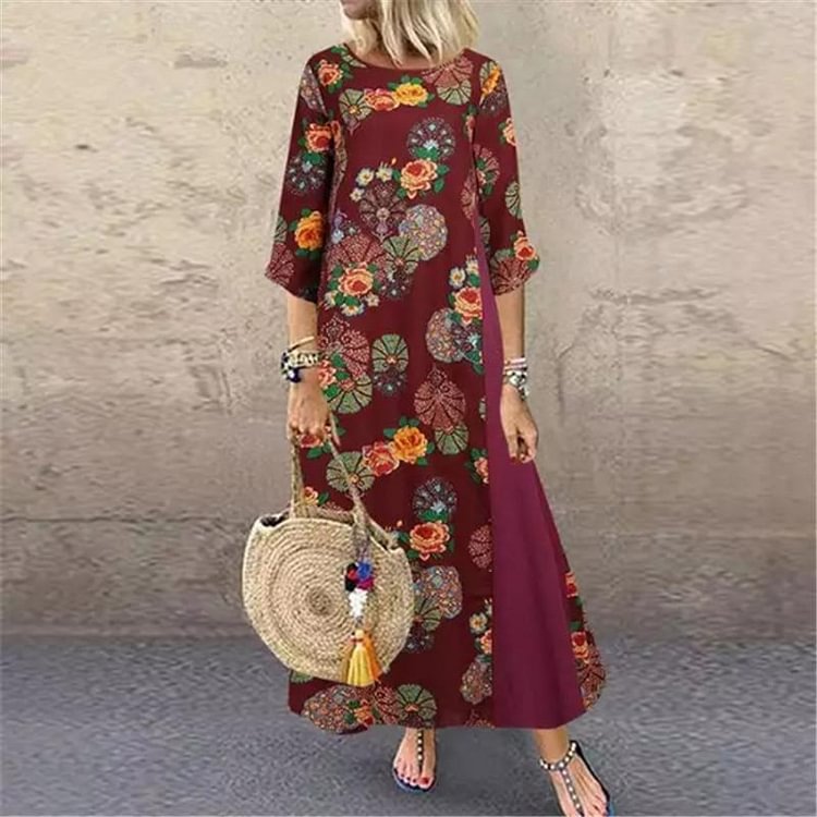 Vintage cotton and linen print round neck bohemian mid-sleeve long skirt