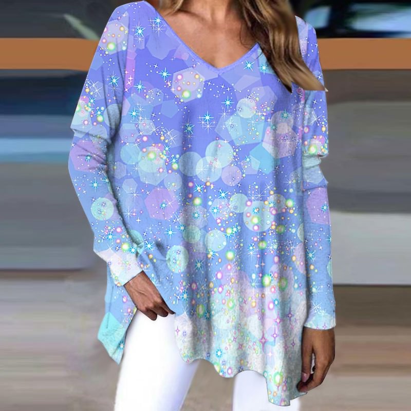 Bubble glitter pattern gradient color V-neck long-sleeved T-shirt for women