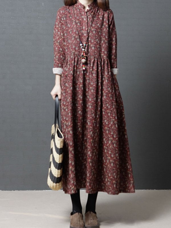 Vintage Floral Stand Collar Midi Dress
