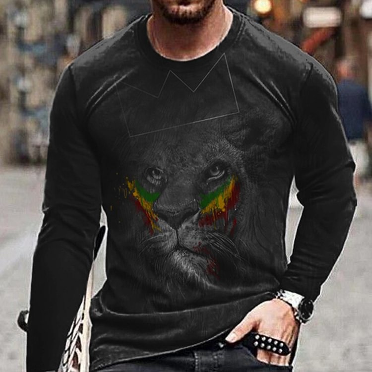 BrosWear Men's Comfortable Casual Lion Print Long Sleeve T-Shirt