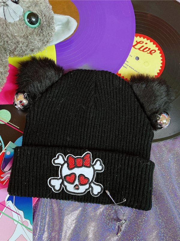 Y2K Skull Patched Bells Pin with Cross Pendants Kitty Knitted Hat