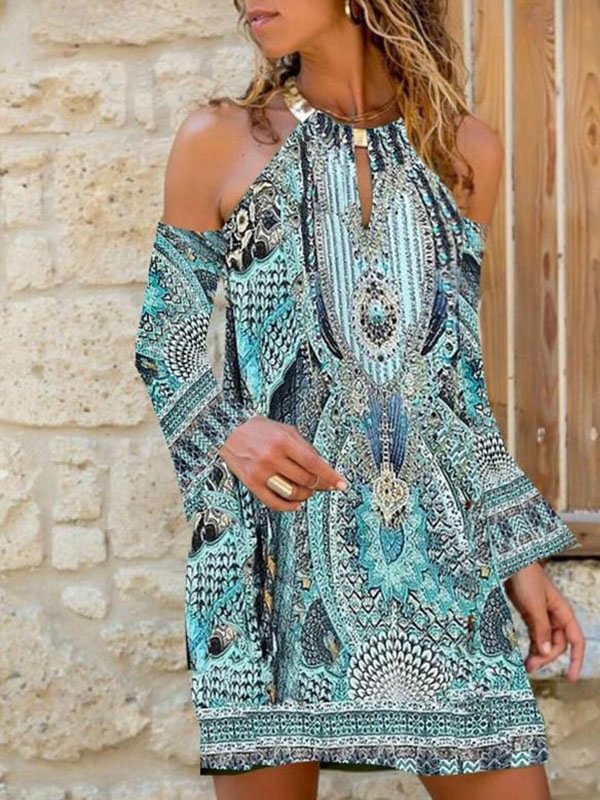 Print Long Sleeves/Cold Shoulder Sleeve Shift Above Knee Casual Dresses