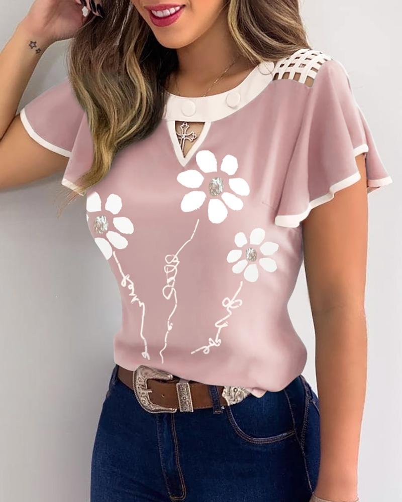 Floral Print  Flutter Sleeve Cutout Front Casual Top P11833