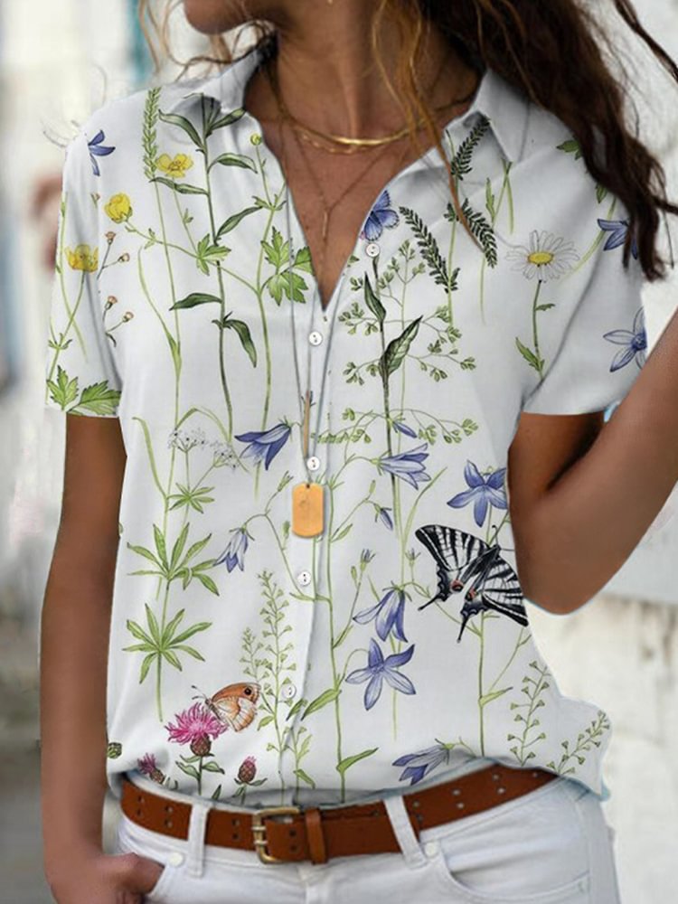 Spring And Summer New Fashion Printed Lapel Short Sleeve Shirt For Women