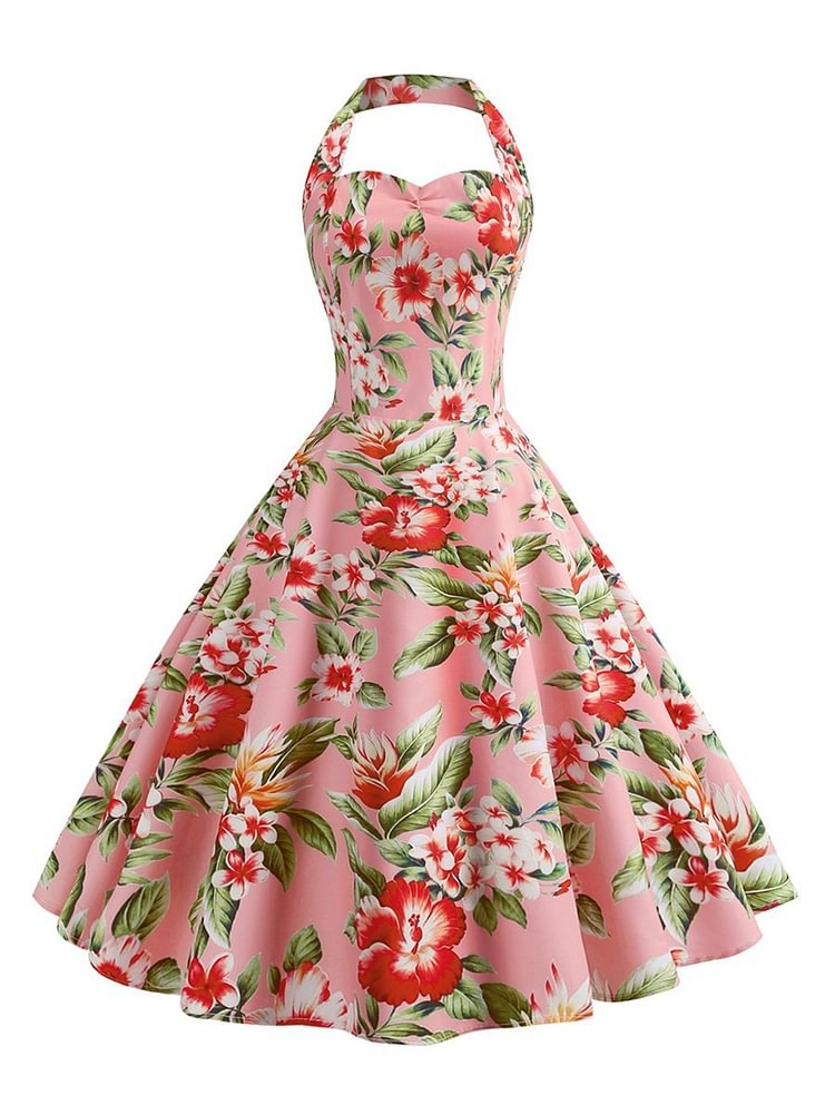 Mayoulove 1950s Dress Halter Neck Floral A-Line Dress-Mayoulove