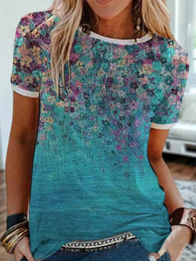 Floral Short Sleeve Printed Cotton-blend Crew Neck Casual Summer Top
