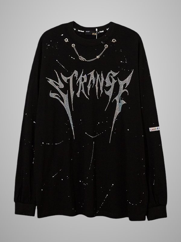 Gothic Dark Street Letter Ironed Ablazely Chain-trimmed Graphic Loose Sweatshirt