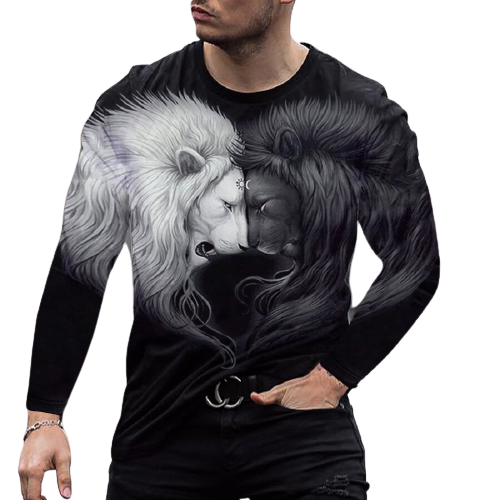 Black and white lion long-sleeved round neck T-shirt / [viawink] /