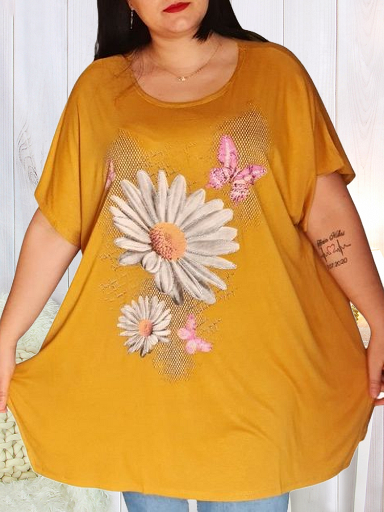 Flower And Butterfly Printed Loosen Plus Size Top