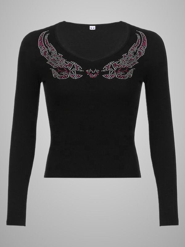 Gothic Dark Vintage Wings Printed Glitter Scoop Neckline Ribbing Long Sleeve Sweatshirt