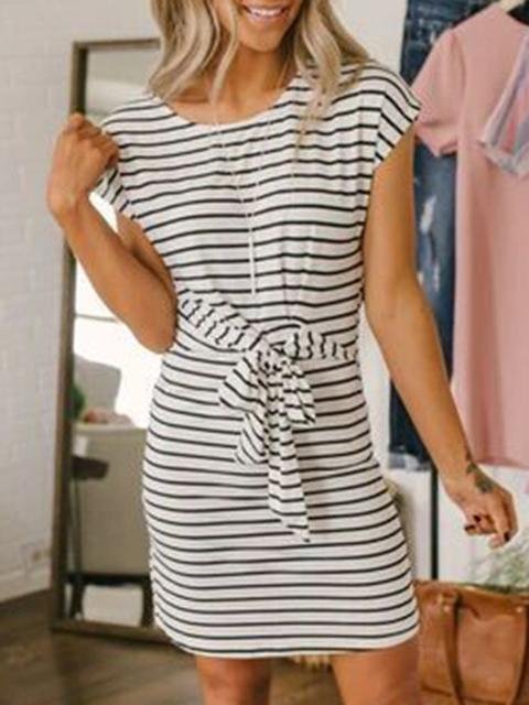 Striped Print Belt Midi Dress-Allyzone-Allyzone