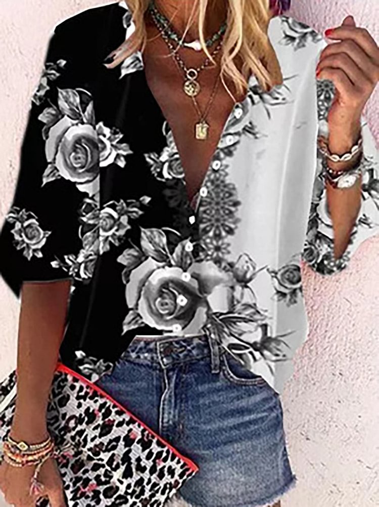 Women's Casual Long Sleeve Roses Printed Gradient Color Blouse
