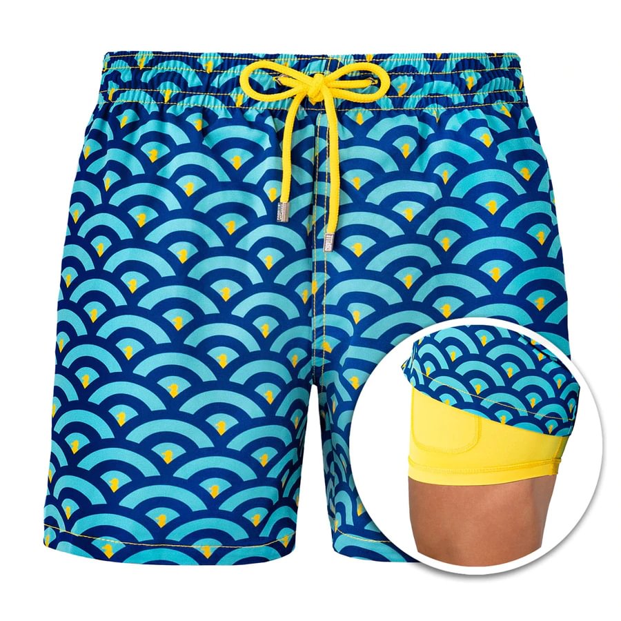 Miami Clouds - Drawstring Beach Built-in Compression Liner Swim Trunks