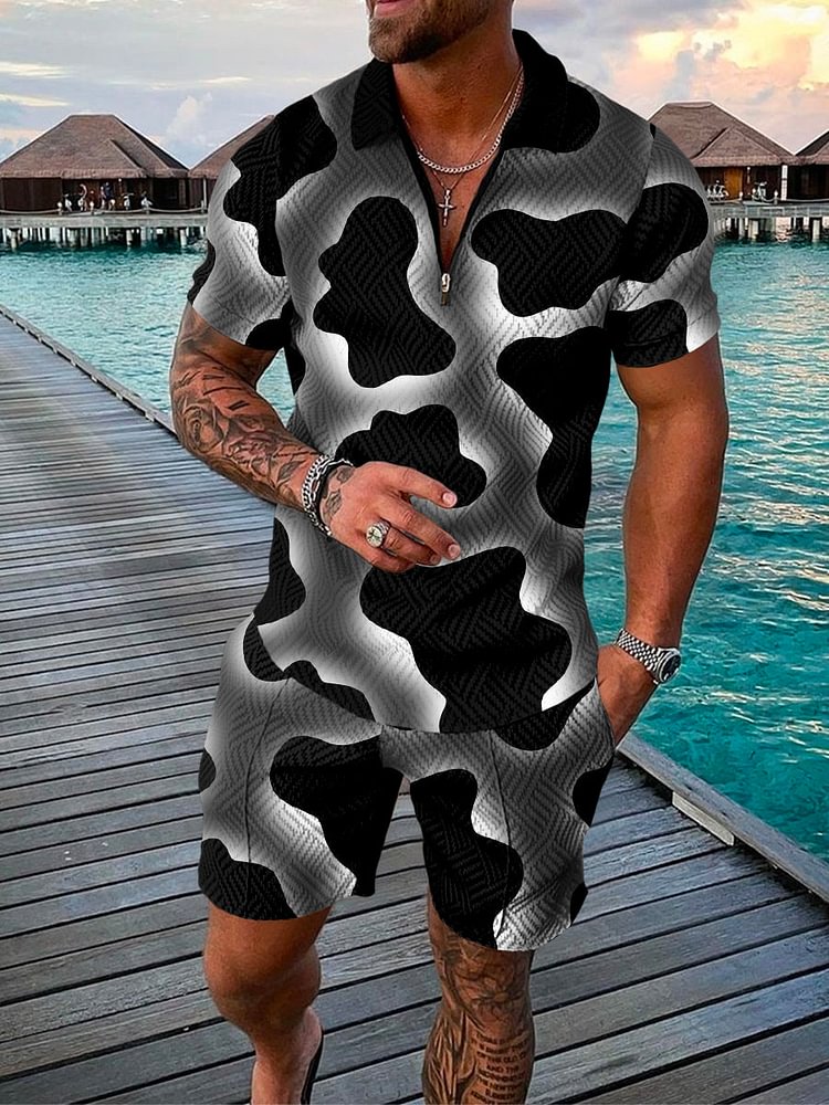 Men's Abstract Gradient Printing Polo Suit