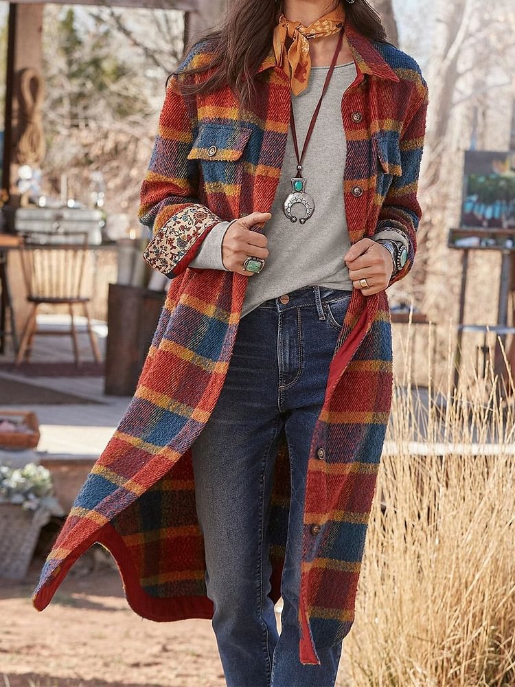 Mayoulove Leisure colored plaid straight coat-Mayoulove