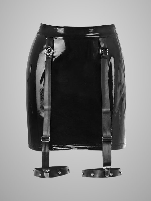 Gothic Dark Belt Solid PU A-line Skirt