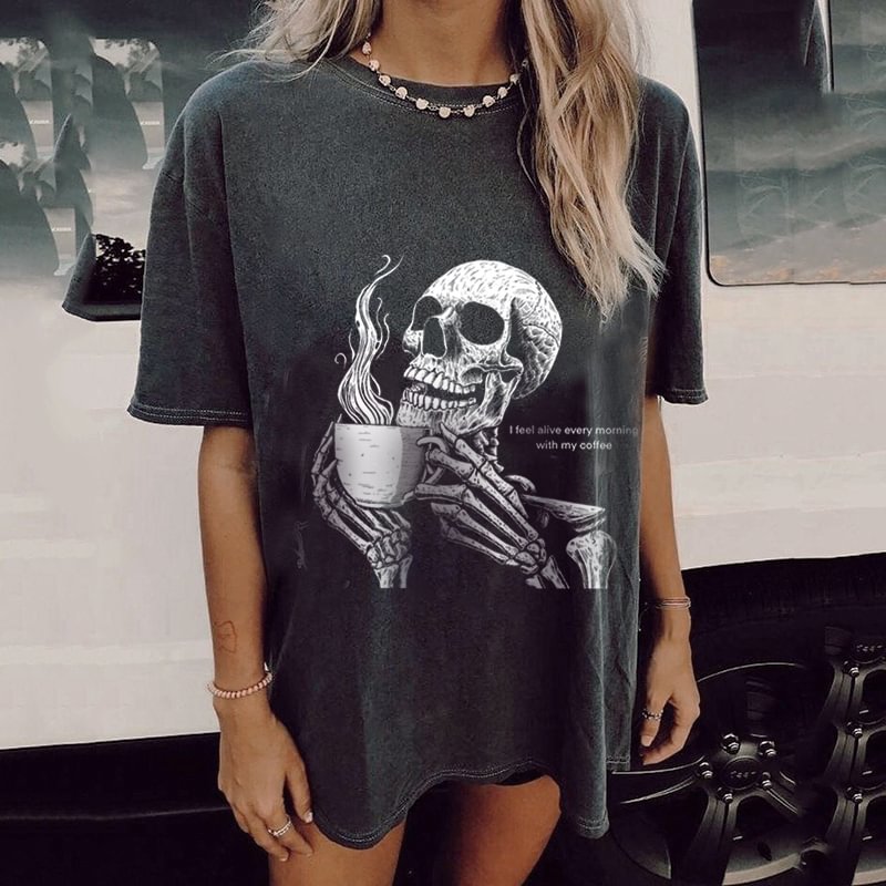 Minnieskull Skeleton drink coffee printed T-shirt - Minnieskull