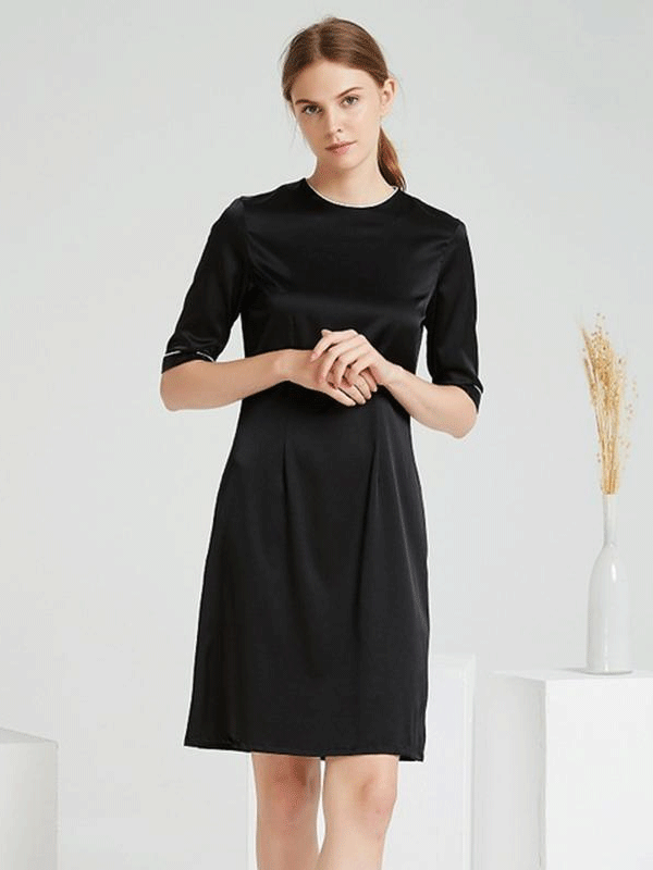 Luxury Black Round Neck Silk Dress