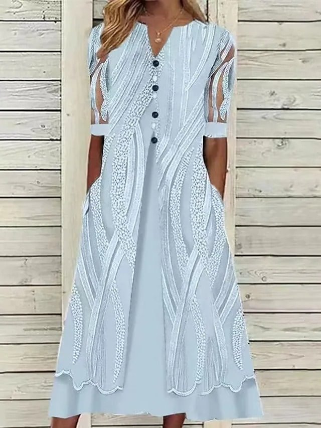 Women's A Line Dress Midi Dress Short Sleeve Striped Mesh Pocket Button Spring Summer V Neck Stylish Casual Loose